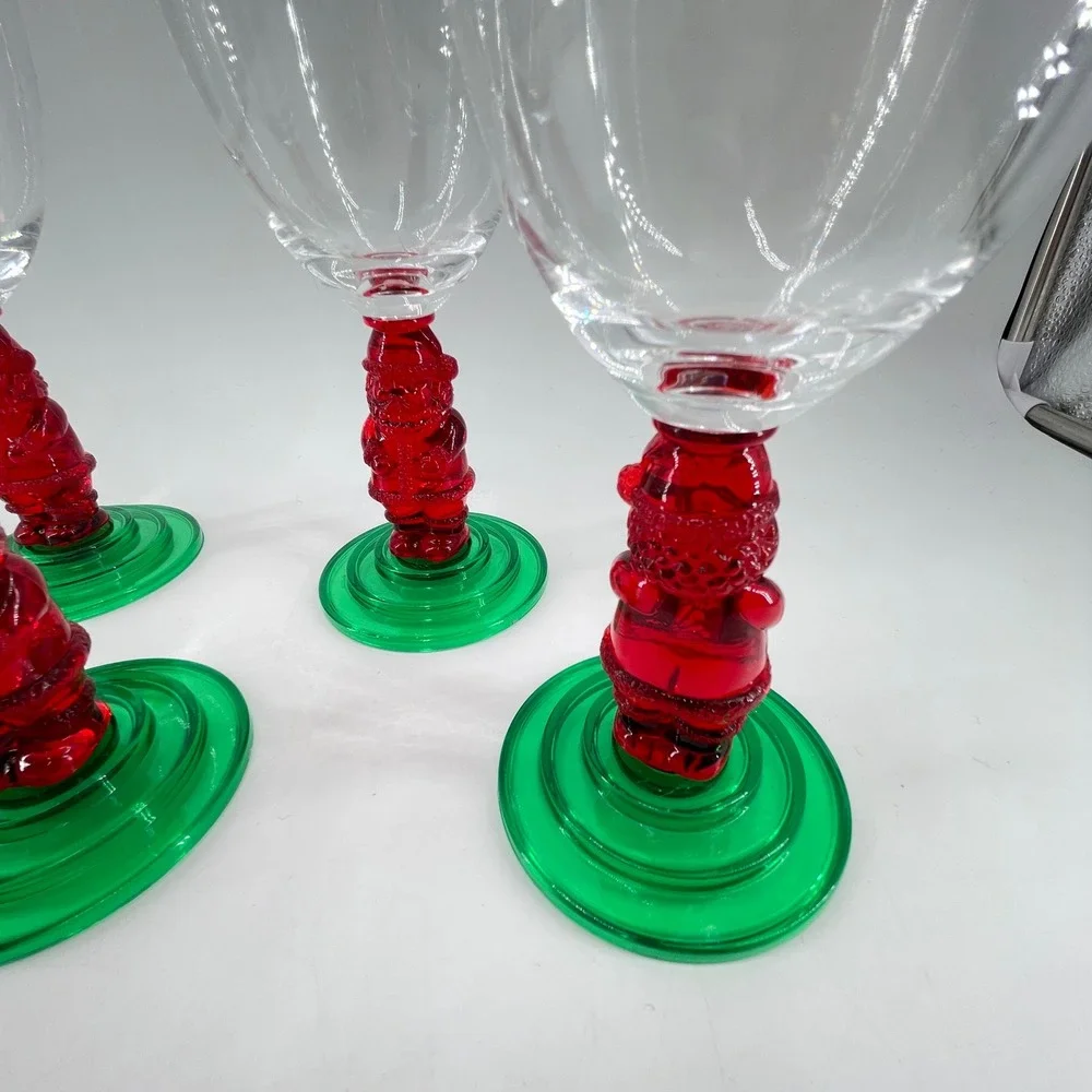 Vintage Santa Claus Christmas Wine Glasses Set of 4 Red Green Stemmed Goblets